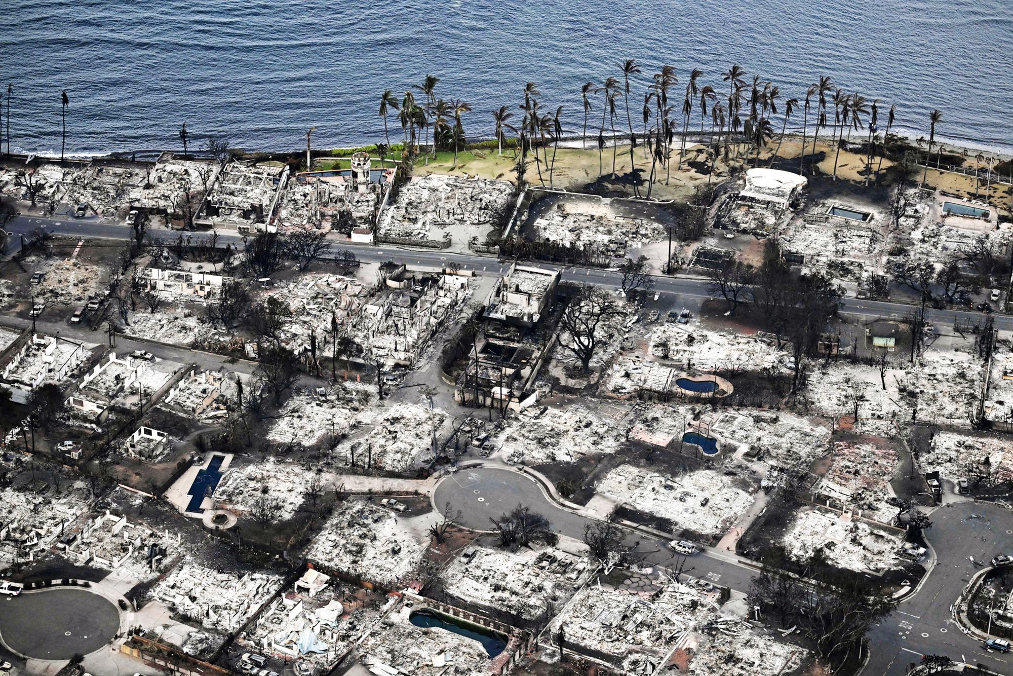 Homes and buildings burned to the ground by wildfires in Lahaina last August. (Patrick T. Fallon / AFP - Getty Images)